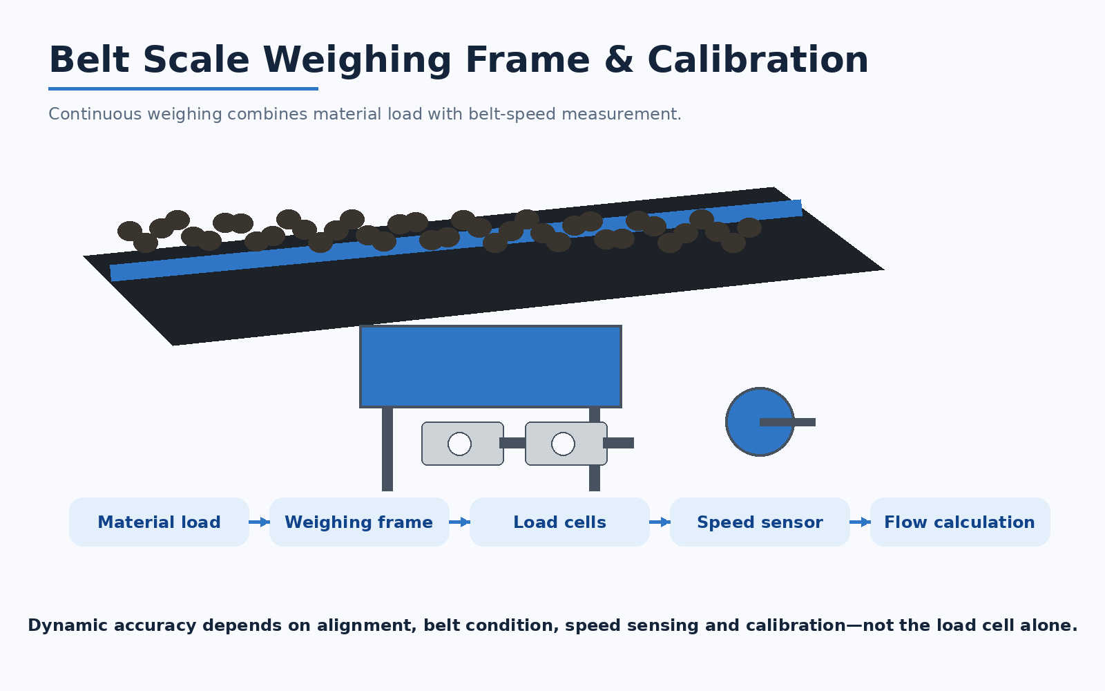 Belt scale weighing frame with load cells and calibration system on an industrial conveyor
