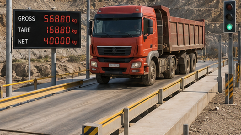 Heavy truck driving onto a Keli steel weighbridge fitted with truck scale load cells