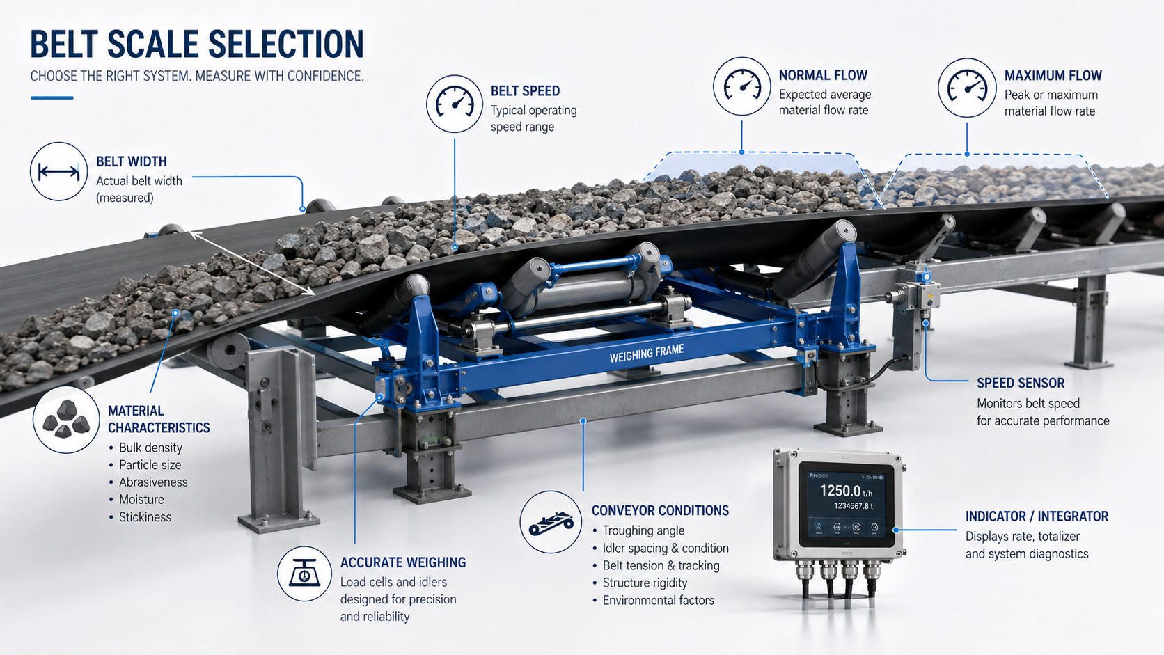 Belt scale selection based on belt width, belt speed, material flow and conveyor conditions
