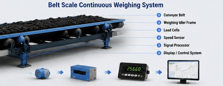 Industrial belt scale system using load cell technology for continuous material weighing on conveyors