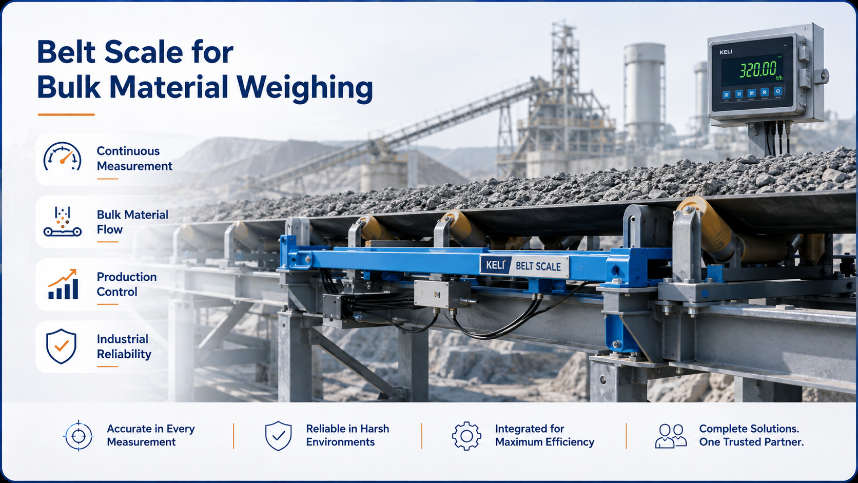 KELISCALES belt scale system measuring bulk material flow on conveyors for mining, cement, and industrial applications.