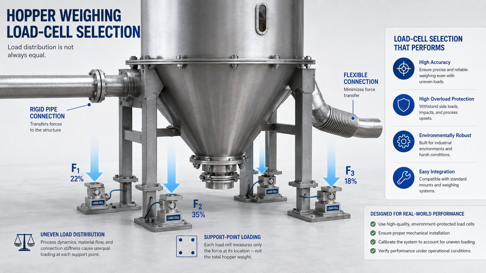 Hopper weighing system showing load cell selection based on uneven load distribution and connected piping