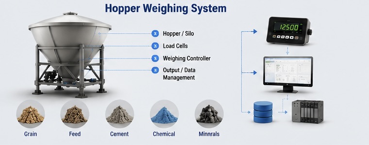 Industrial hopper weighing system using load cells for accurate material measurement