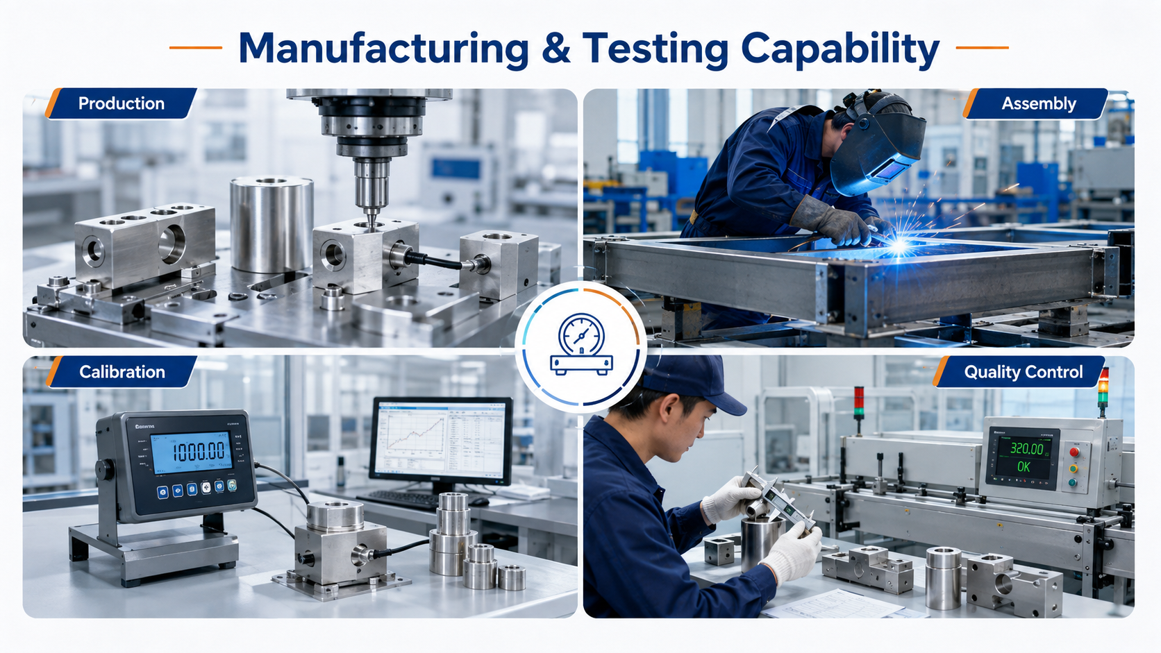 Keli manufacturing and testing capability for weighing sensors and industrial weighing equipment, including production, assembly, calibration, and quality control.