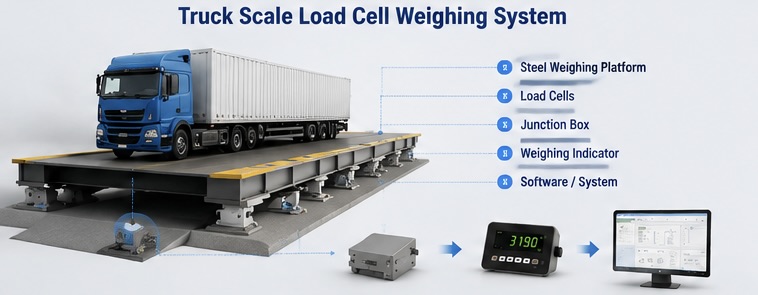 Truck scale weighing system showing load cells installed under the weighing platform