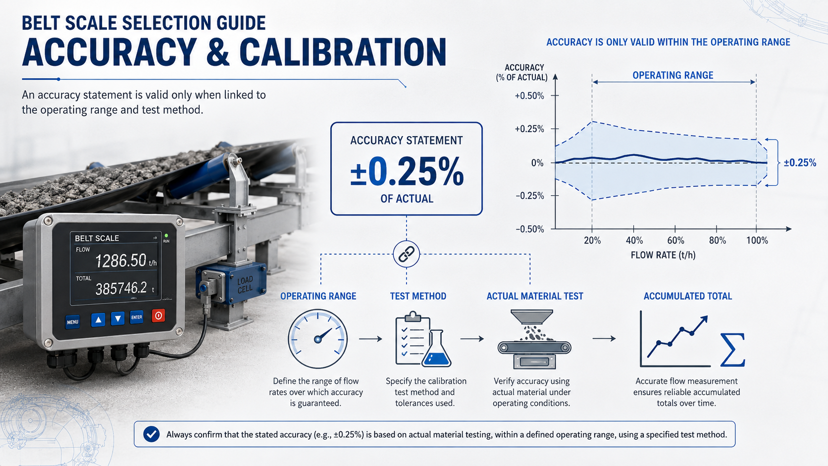 Belt scale accuracy and calibration guide showing operating range, test method and material verification