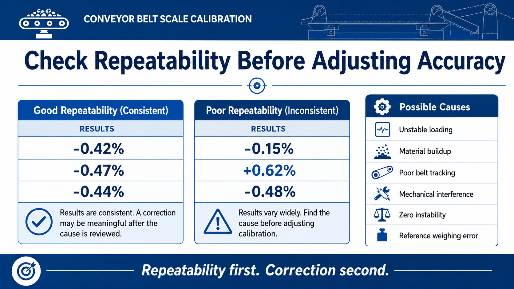 Belt scale calibration repeatability comparison showing consistent and inconsistent test results