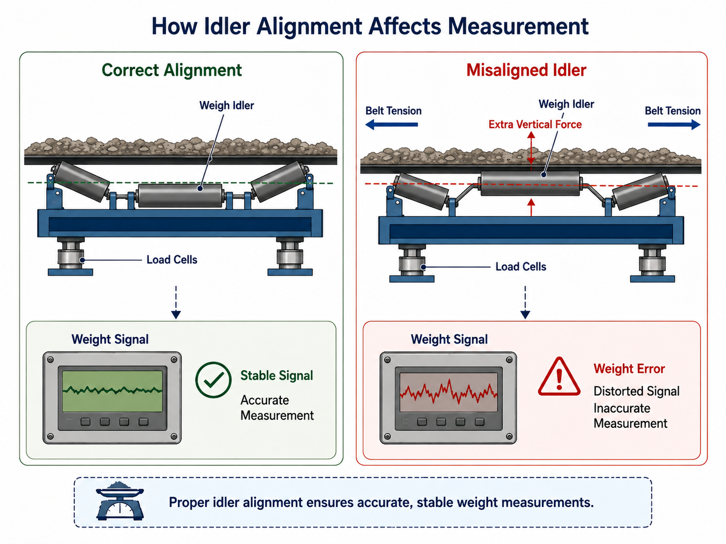 Comparison of correct and misaligned weigh idlers and their effect on belt scale measurement