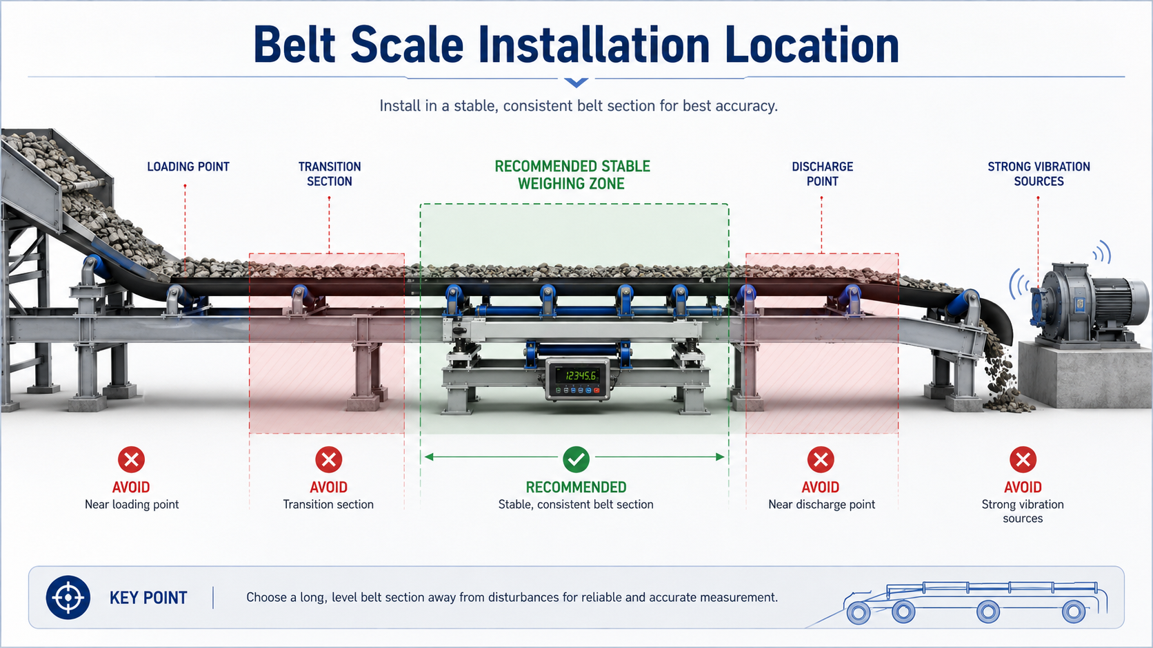 Recommended belt scale installation location on a stable conveyor section away from loading and discharge points
