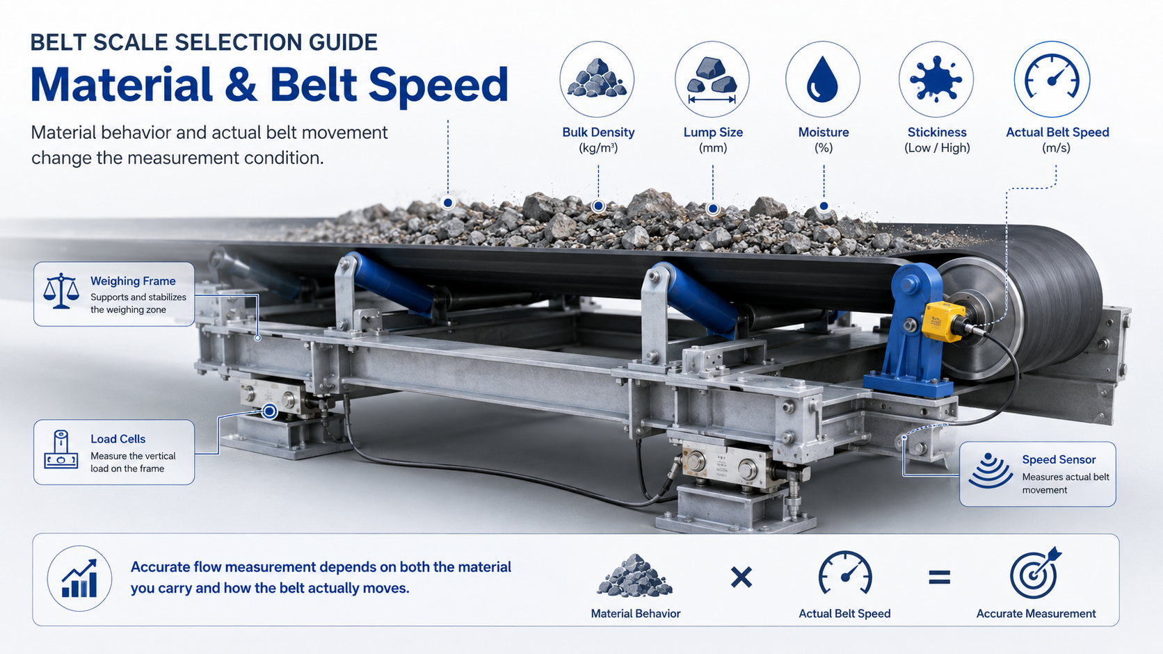 Belt scale showing how material properties and actual belt speed affect conveyor weighing performance