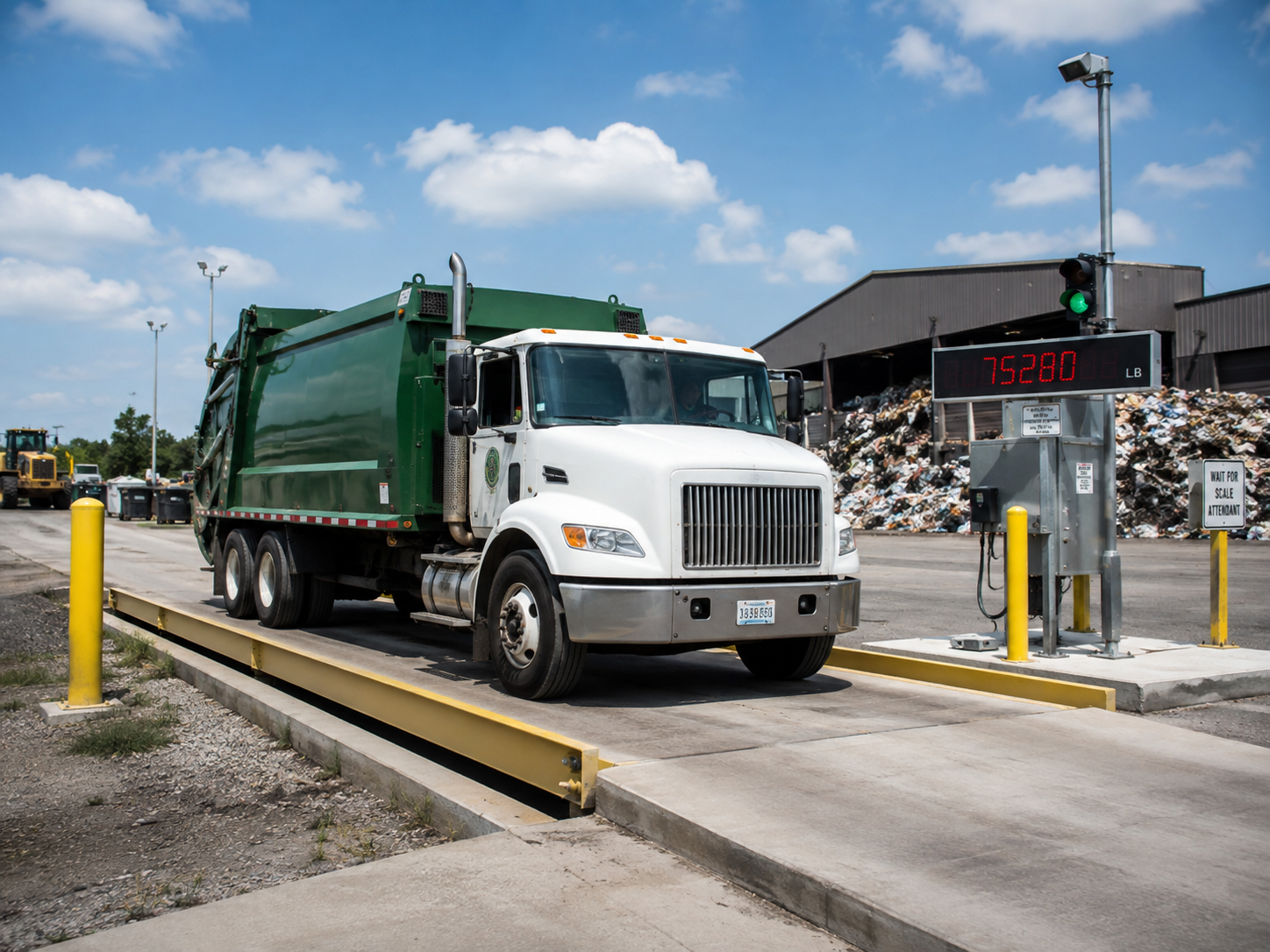 Garbage truck being weighed on a truck scale at a waste management facility