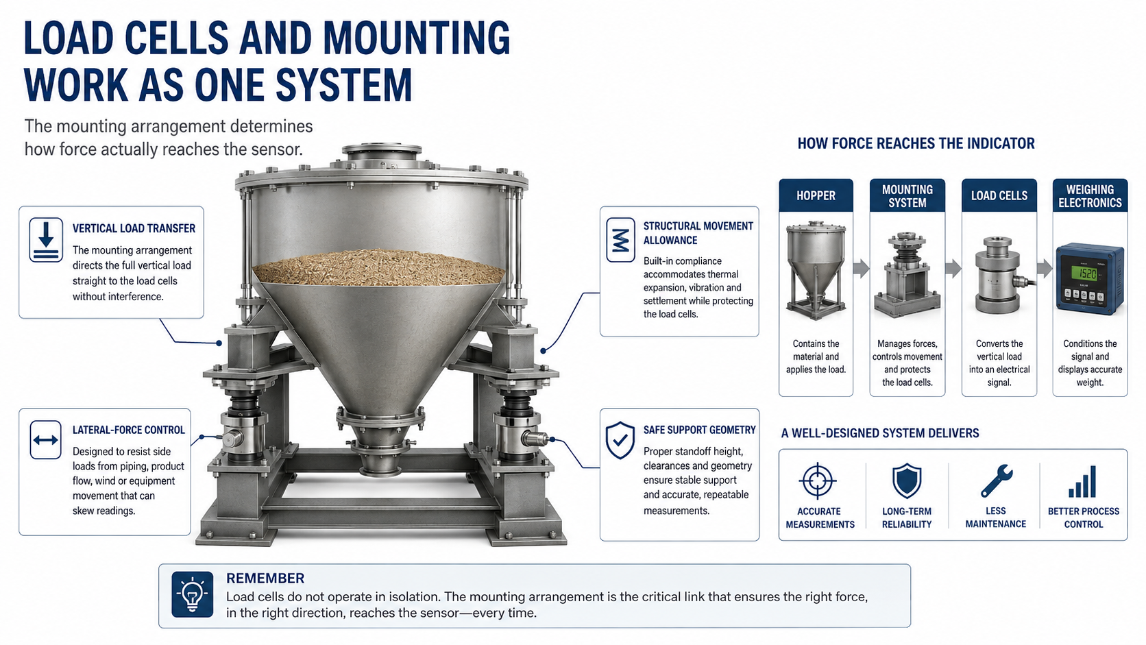 Hopper load cell mounting system showing vertical load transfer, lateral force control and structural movement