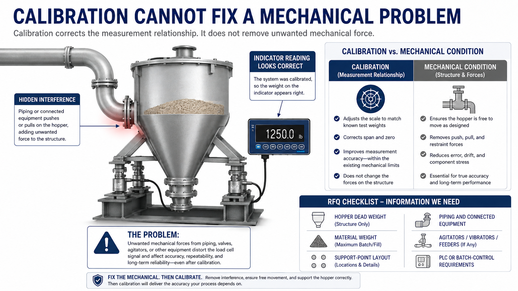 Hopper scale calibration showing why piping interference and unwanted mechanical forces must be corrected before calibration