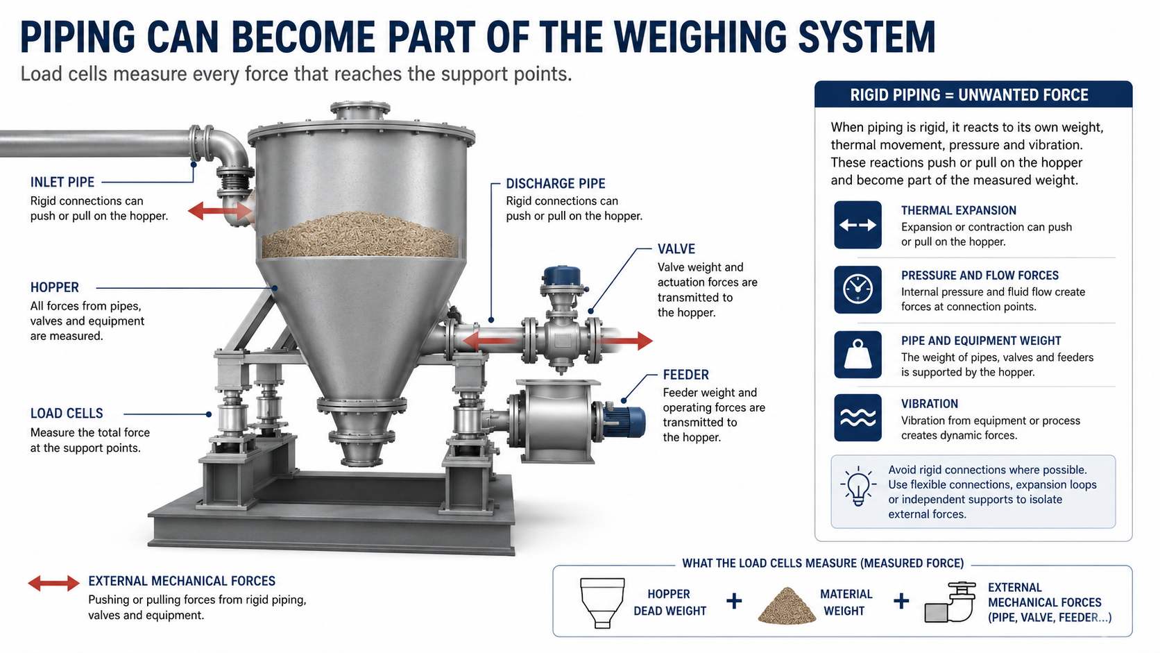 Hopper weighing system showing how rigid piping, valves and connected equipment introduce external mechanical forces