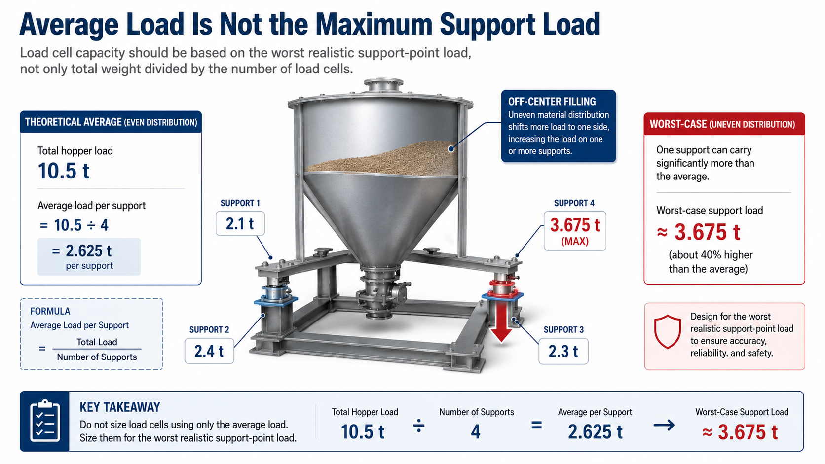 Hopper weighing system showing uneven load distribution and maximum support-point load for load cell selection