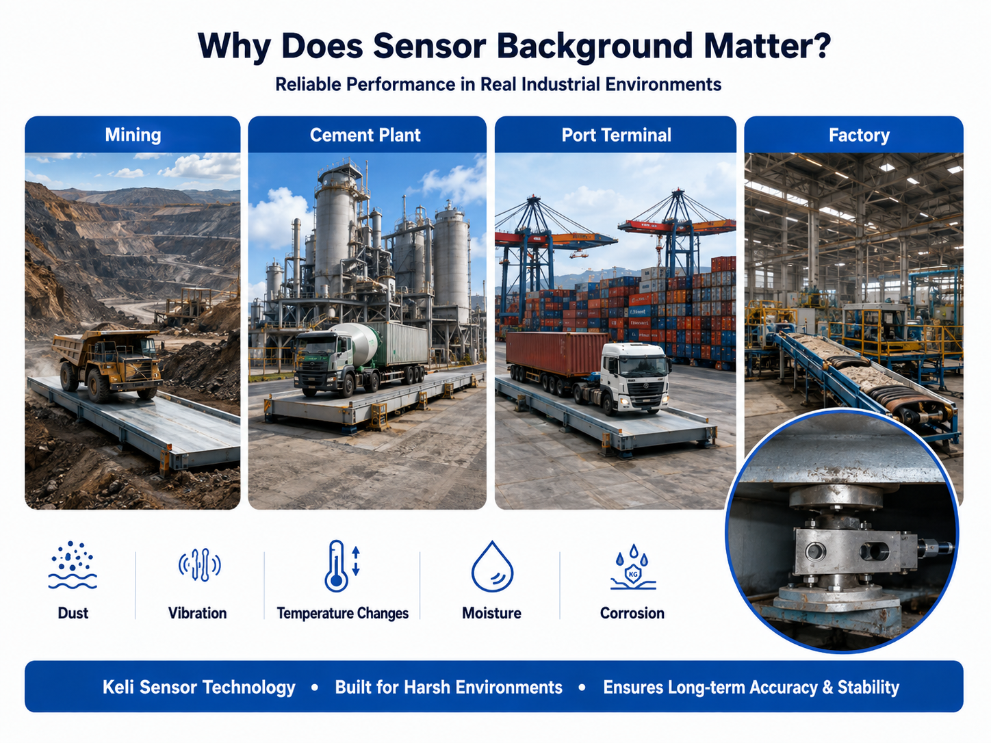 Keli sensor technology used in industrial weighing applications including mining, cement, ports and manufacturing environments