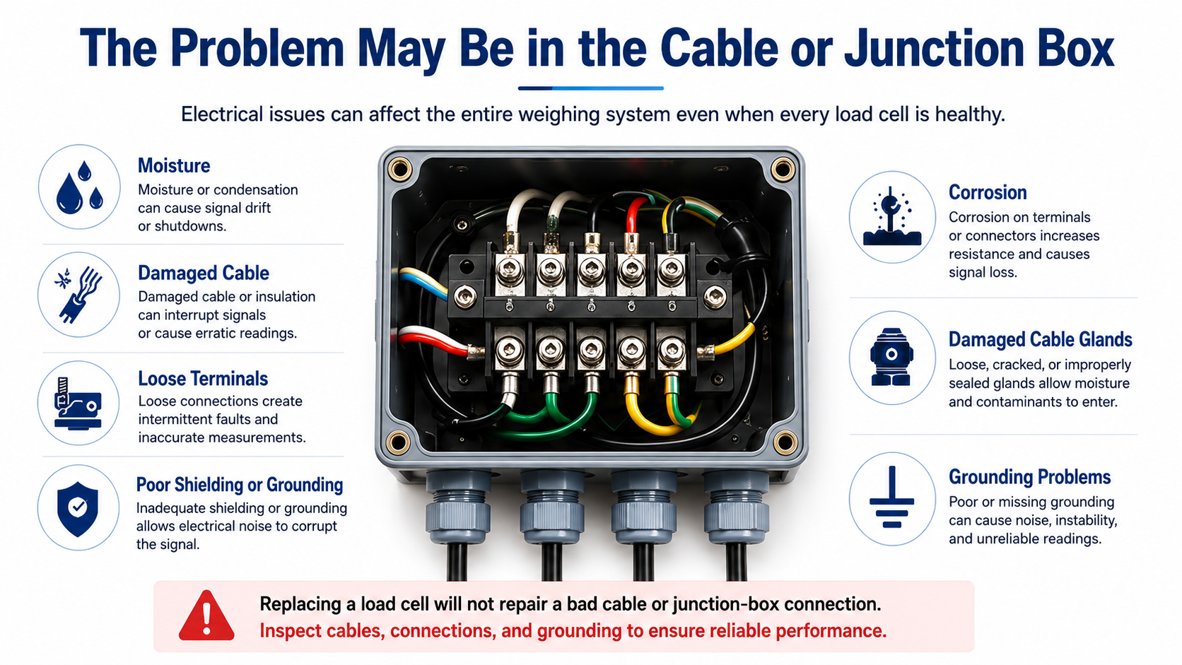 Load cell junction box showing moisture, damaged cables, loose terminals, corrosion and grounding problems that affect weighing signals