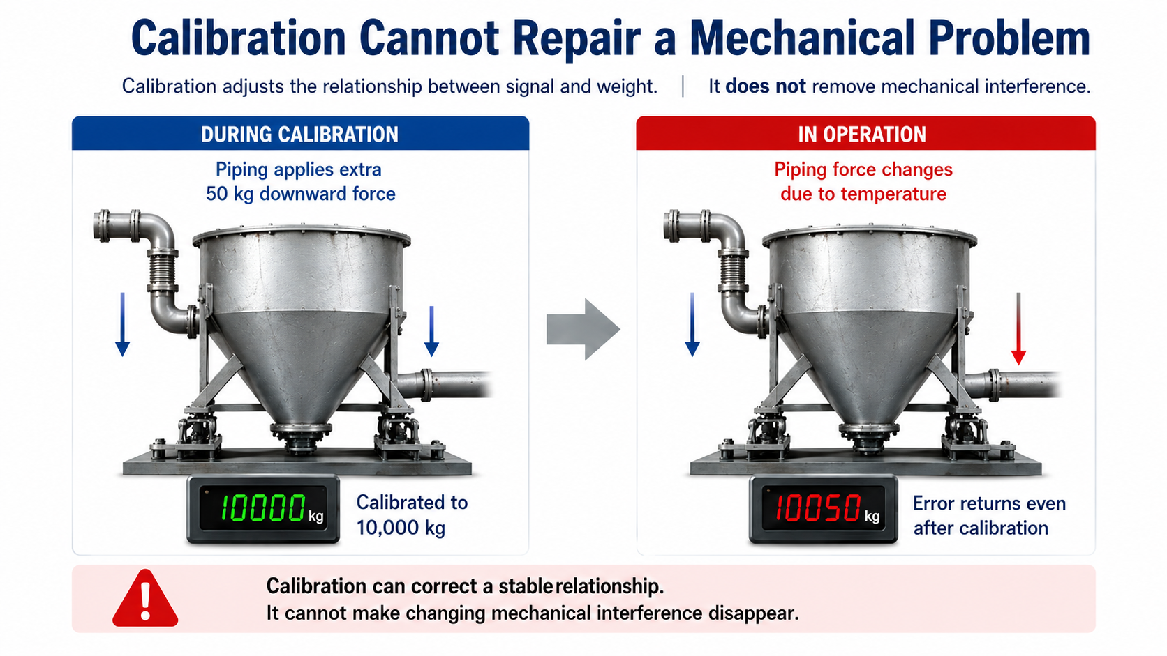 Hopper weighing system showing why calibration cannot correct changing mechanical interference from piping forces