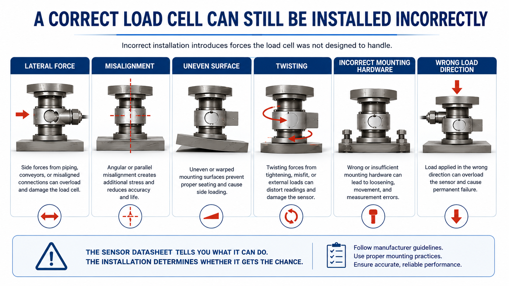 Load cell installation errors showing lateral force, misalignment, uneven mounting surfaces, twisting and incorrect load direction