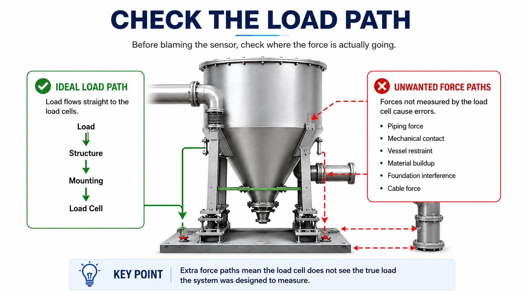 Load cell weighing system showing the correct load path and unwanted force paths caused by piping and mechanical interference