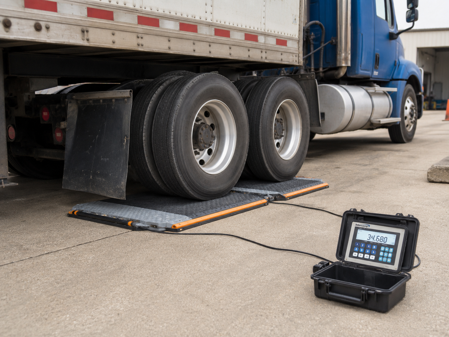 Portable axle scale measuring truck axle weight in a fleet yard