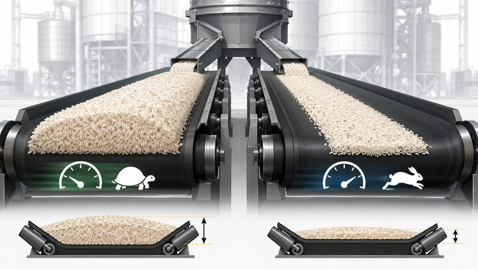 Comparison of rice belt loading at different conveyor speeds for the same flow rate
