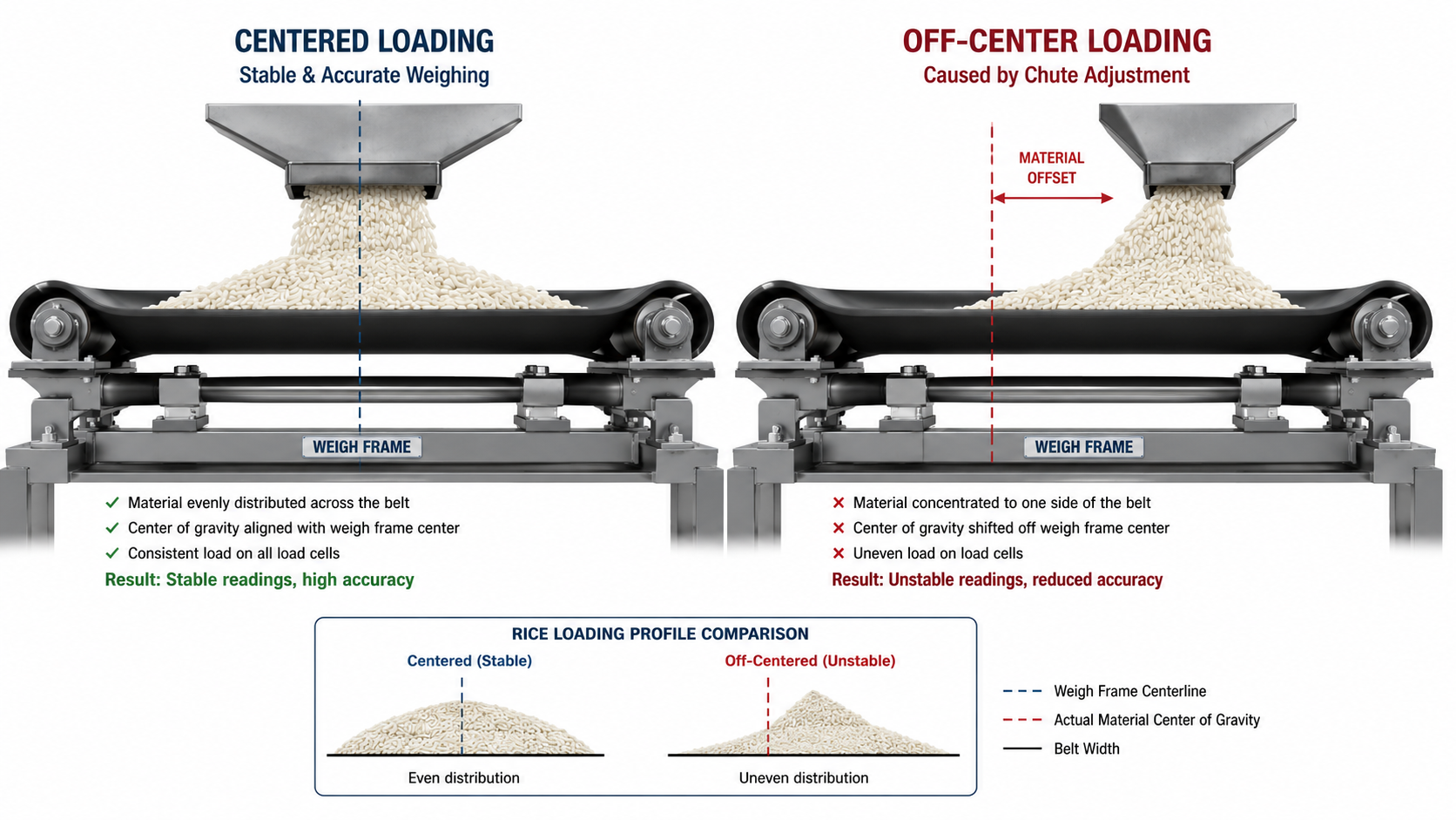Comparison of centered and off-center rice loading on a conveyor belt scale