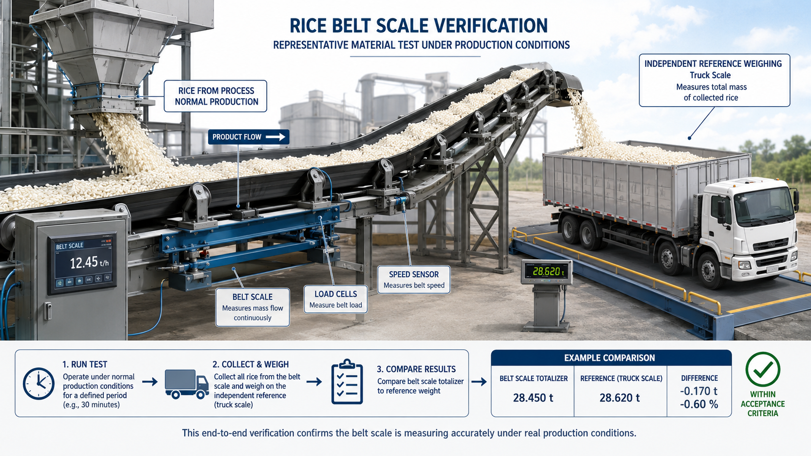Rice belt scale material test comparing conveyor total with an independent truck scale reference