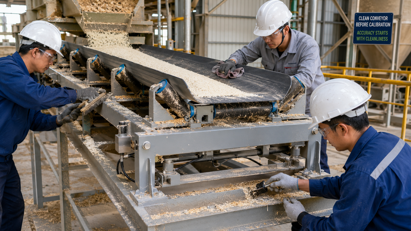 Technicians cleaning a rice conveyor and weigh frame before belt scale calibration