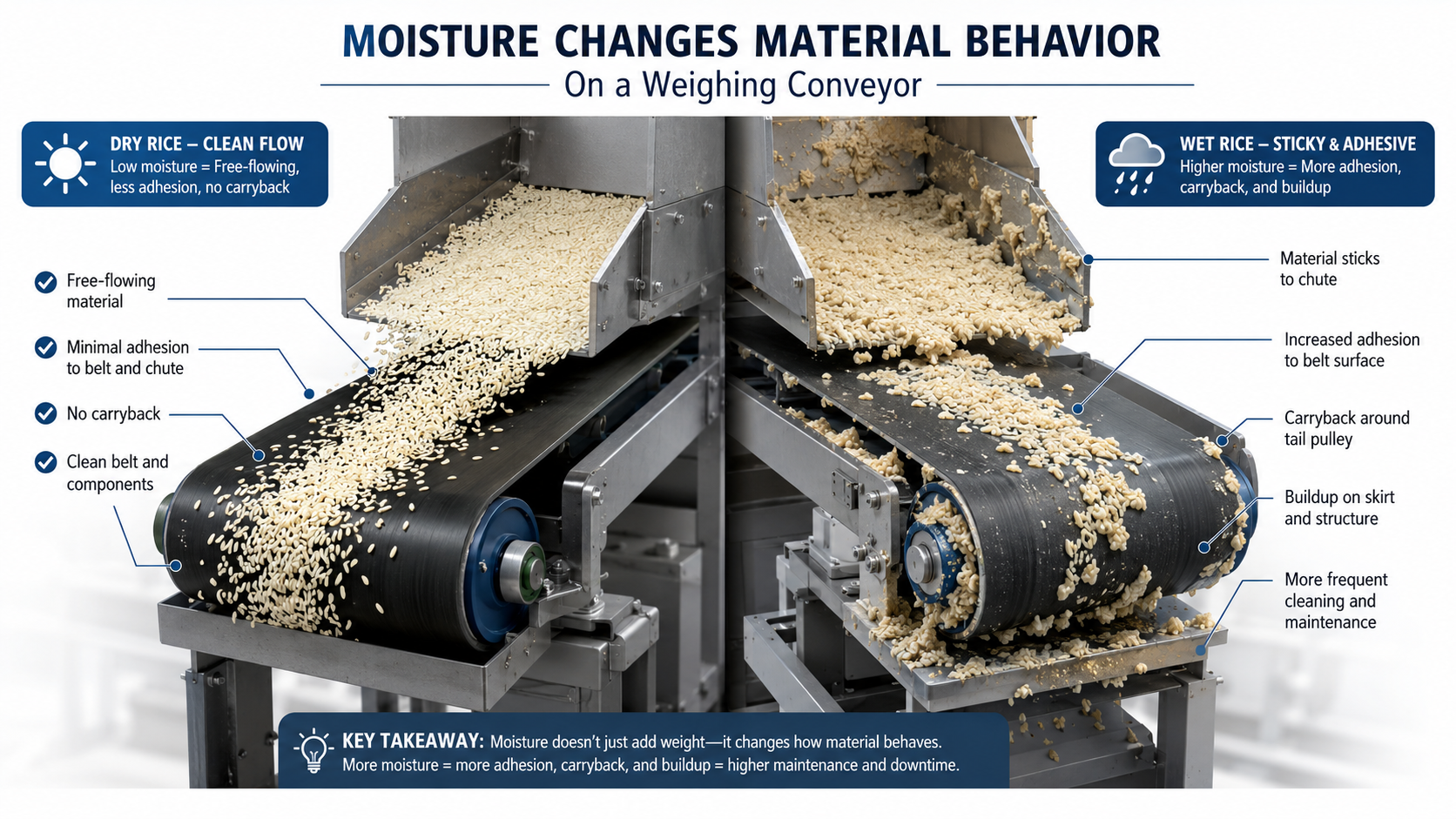Dry and wet rice comparison showing how moisture affects adhesion, carryback and material buildup on a conveyor