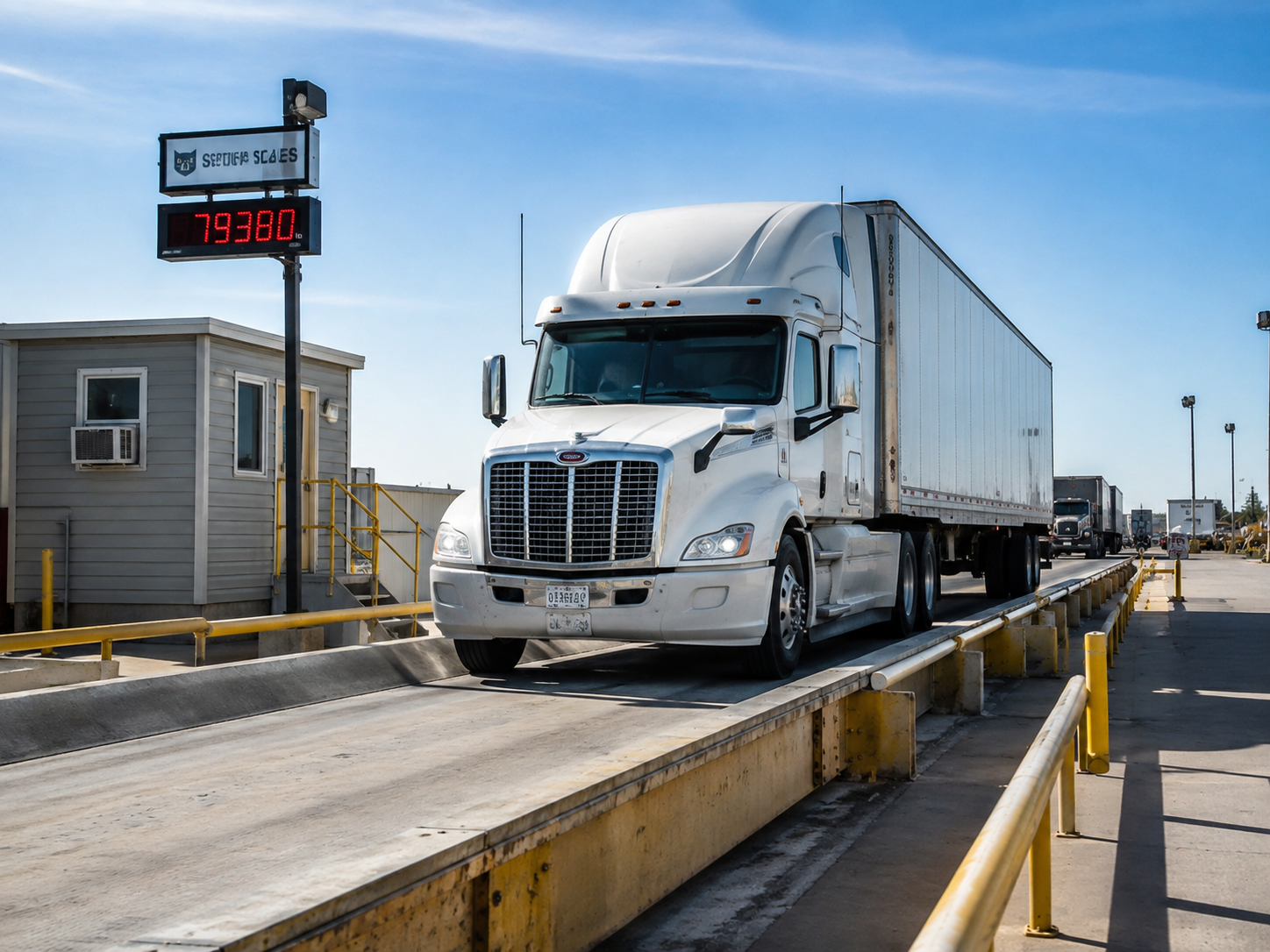 Semi truck positioned on a weighbridge to measure gross vehicle weight at a truck scale station