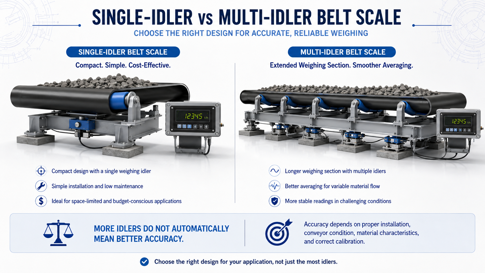 Single-idler and multi-idler belt scale comparison for conveyor weighing applications