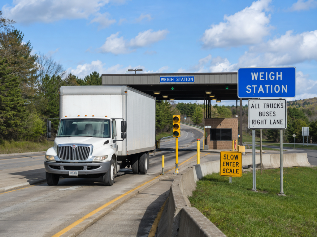 Commercial truck entering a highway weigh station for vehicle weight inspection