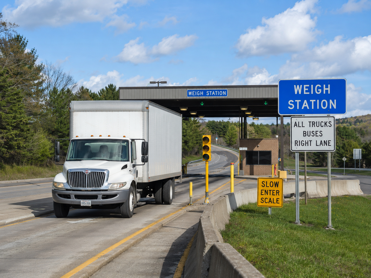 Commercial truck entering a highway weigh station for vehicle weight inspection