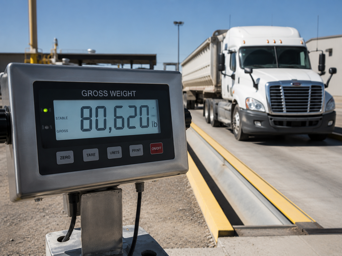Truck scale indicator showing gross weight measurement during commercial vehicle weighing
