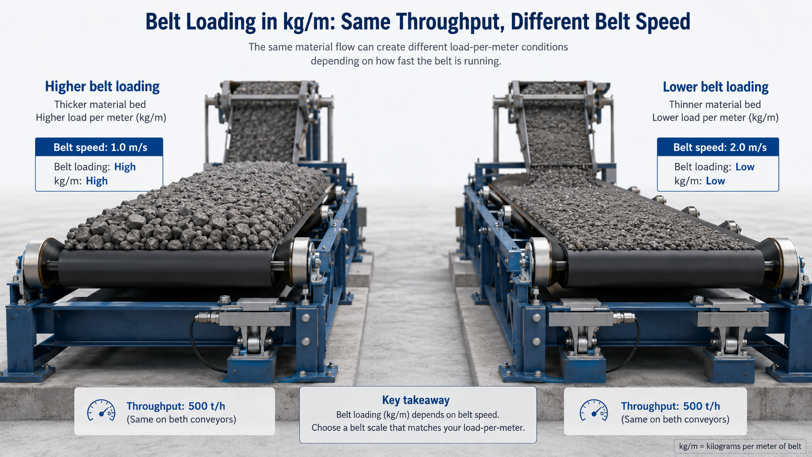 Comparison of conveyor belt loading in kilograms per meter at different belt speeds for the same throughput