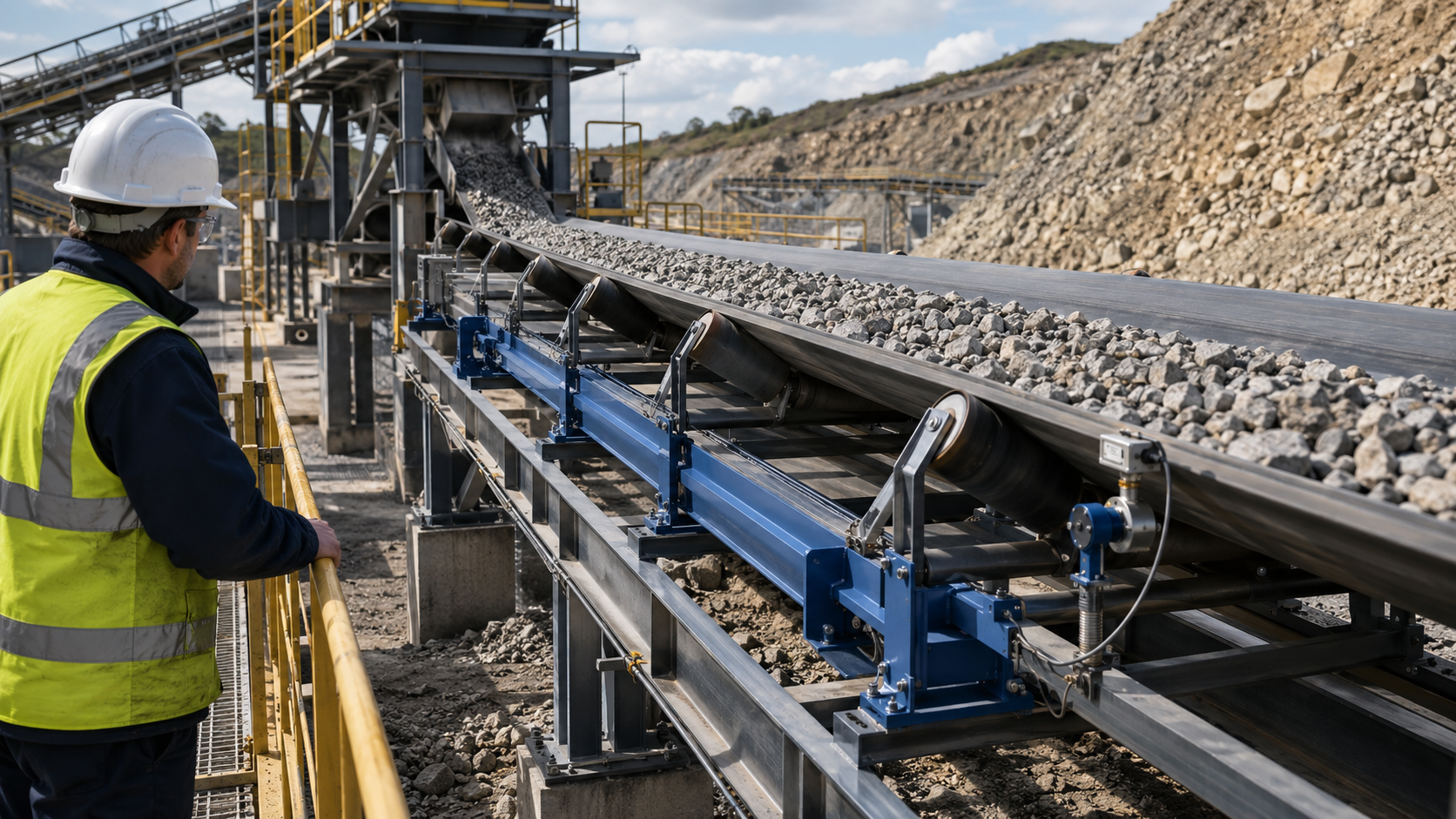 Industrial belt scale measuring bulk material on an existing conveyor for continuous flow and totalized weight