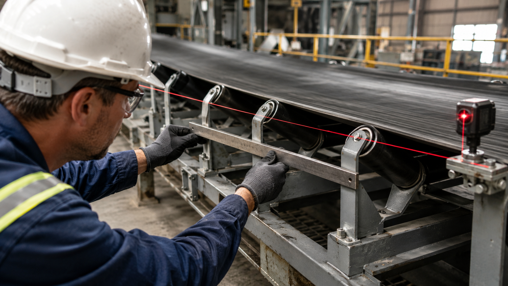 Technician checking conveyor weigh idler alignment with a laser during belt scale troubleshooting