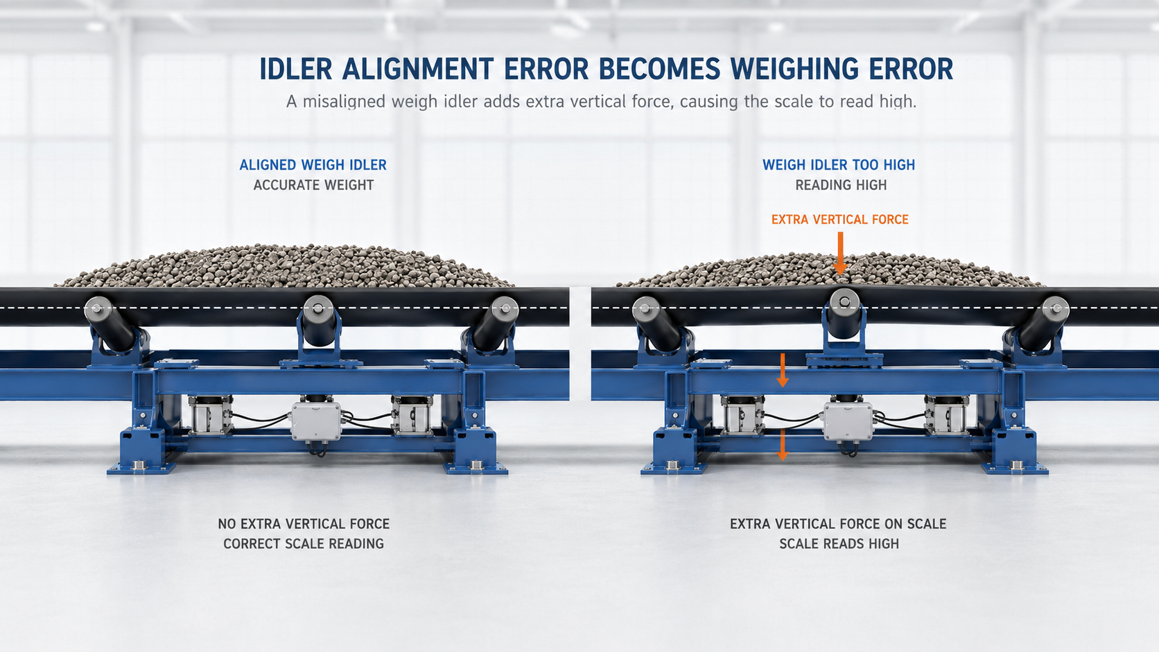 Comparison of aligned and misaligned weigh idlers showing how extra vertical force creates belt scale weighing error