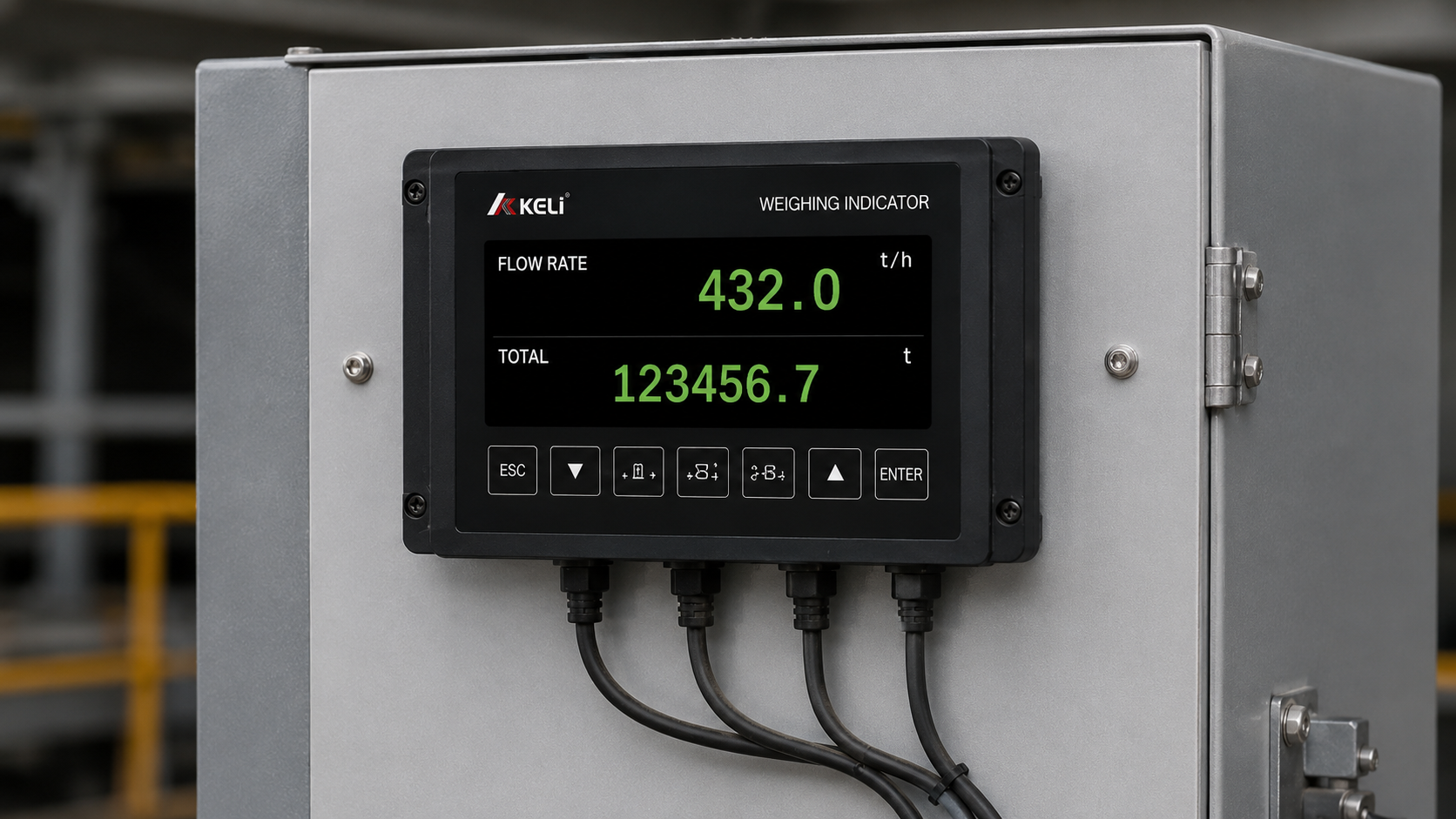 Belt scale integrator displaying flow rate and totalized weight from load and speed signals