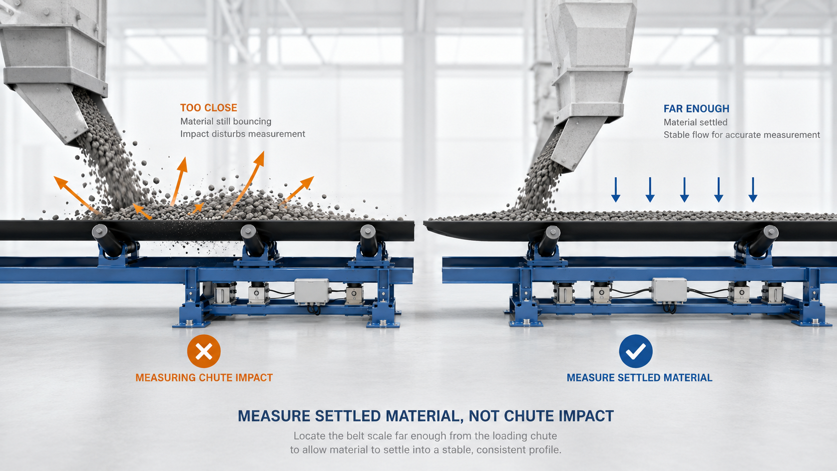 Comparison of a belt scale installed too close to a loading chute and a scale measuring settled material farther downstream