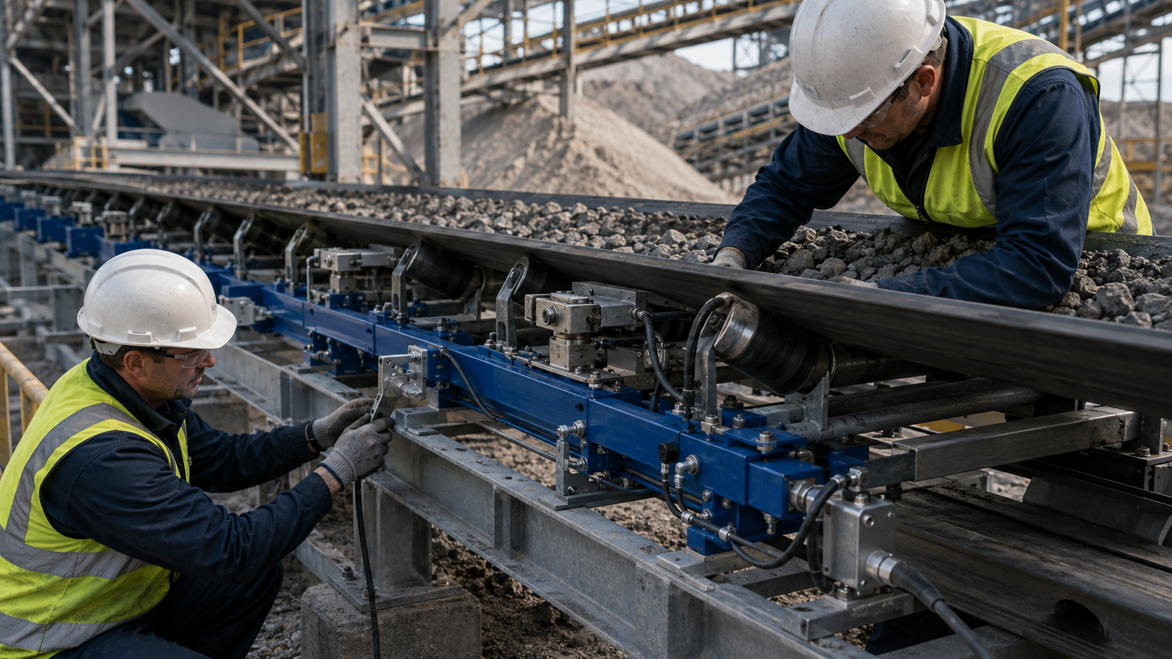 Technicians inspecting conveyor belt scale components during maintenance and troubleshooting