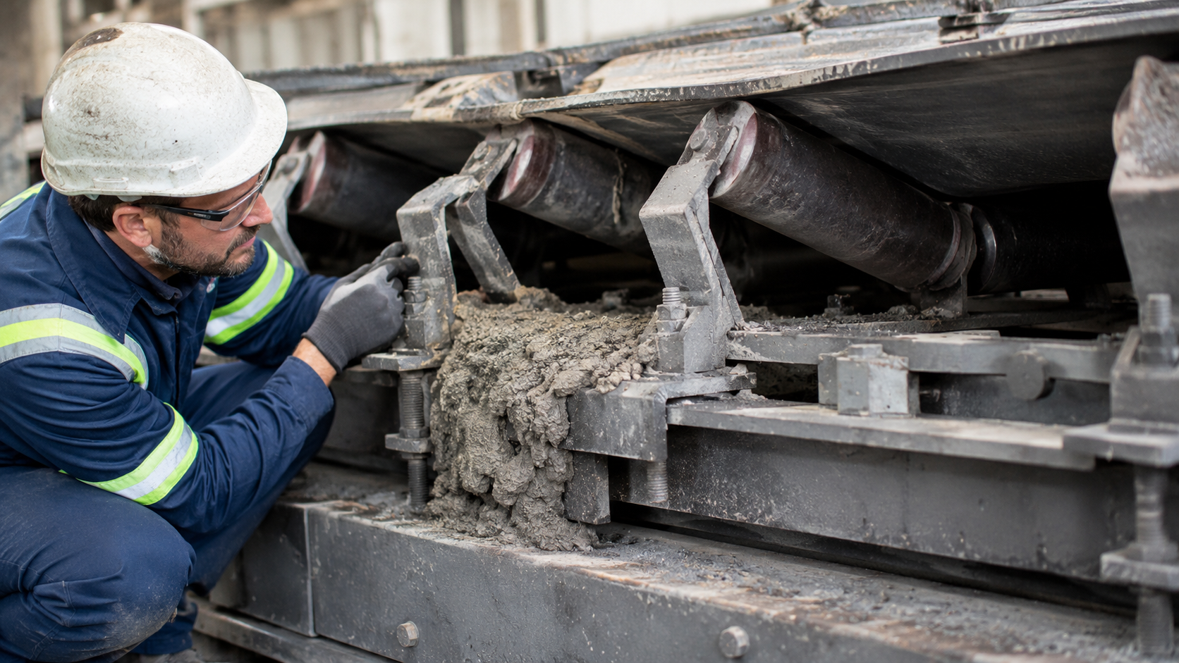 Material buildup around conveyor idlers and weigh frame causing possible belt scale measurement error