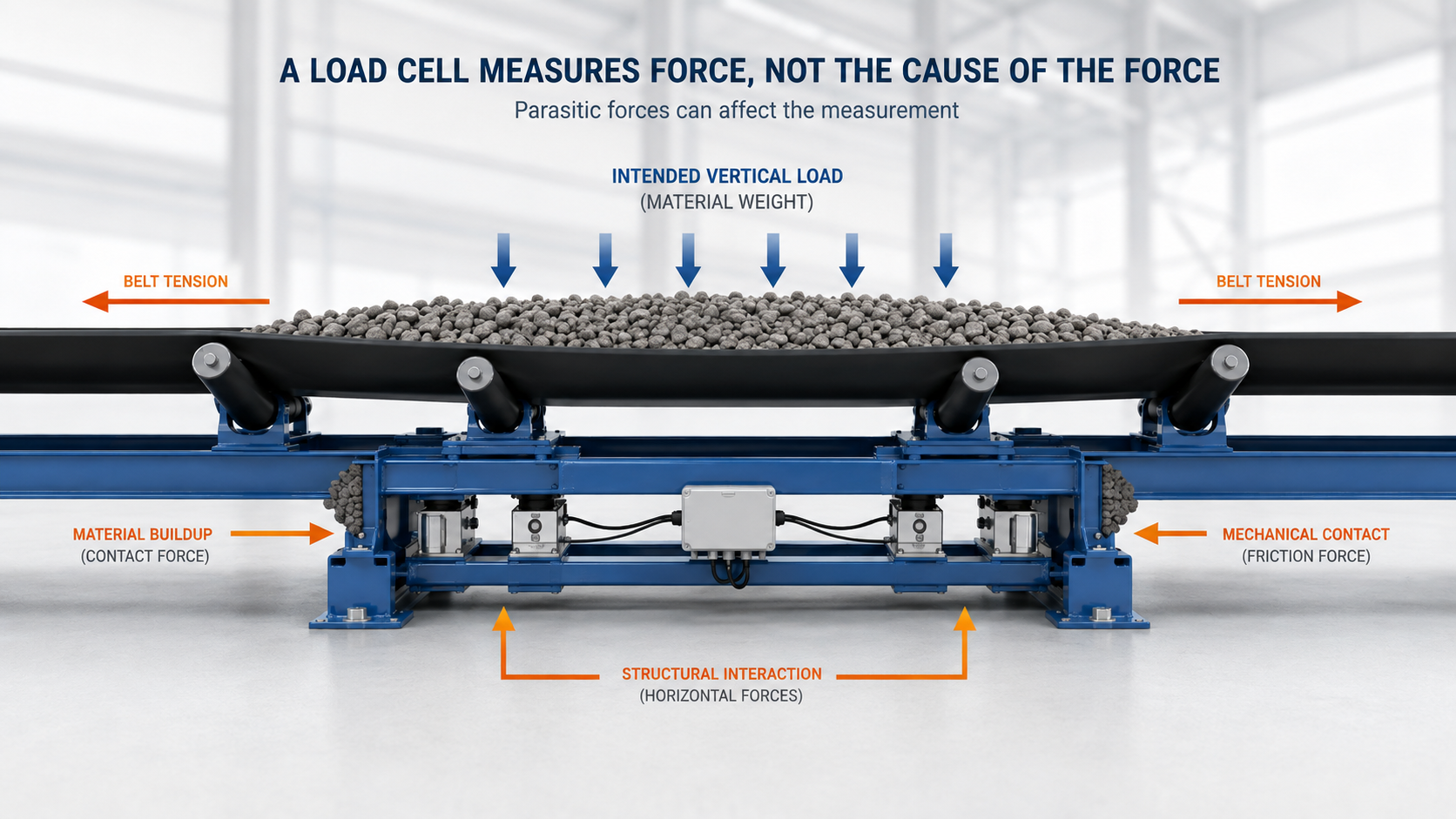 Conveyor belt scale showing intended material load and parasitic forces from belt tension, buildup and mechanical contact