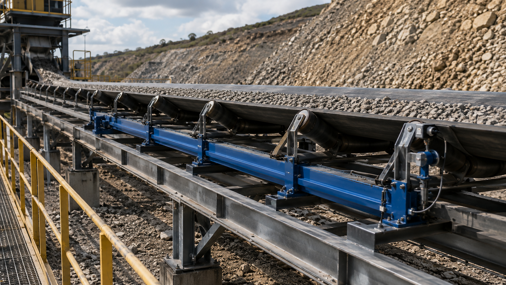 Conveyor belt scale installed on an existing bulk material conveyor with weigh frame and speed measurement