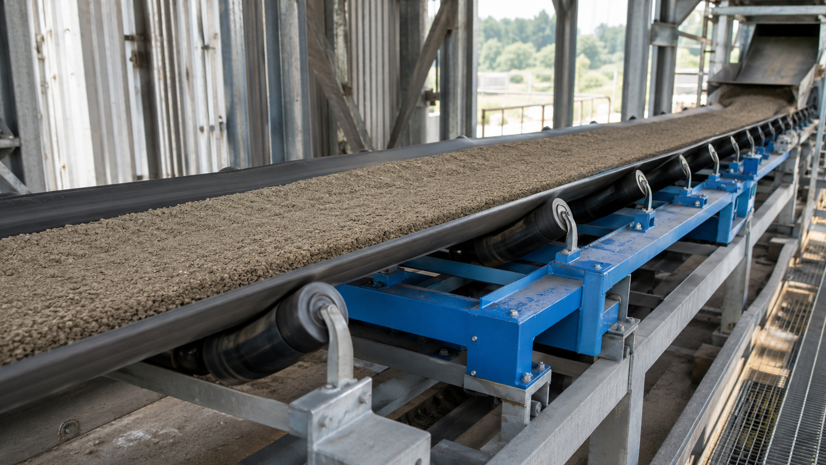 Settled material moving through a conveyor belt scale after the loading point