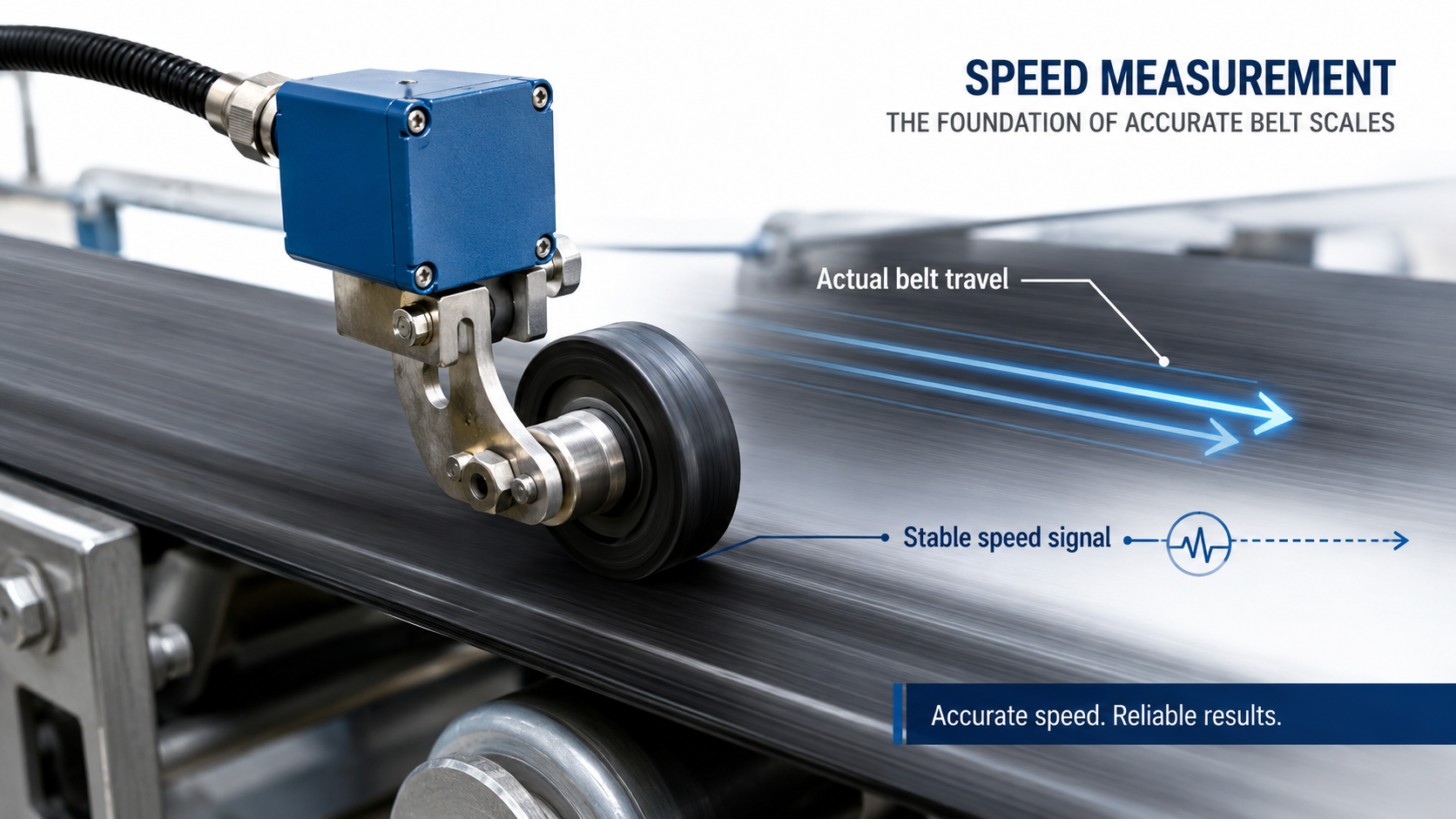 Belt scale speed sensor measuring actual conveyor belt travel for accurate flow calculation