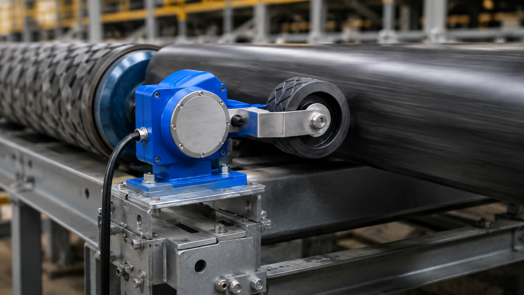 Belt scale speed sensor measuring actual conveyor belt travel with a contact measuring wheel
