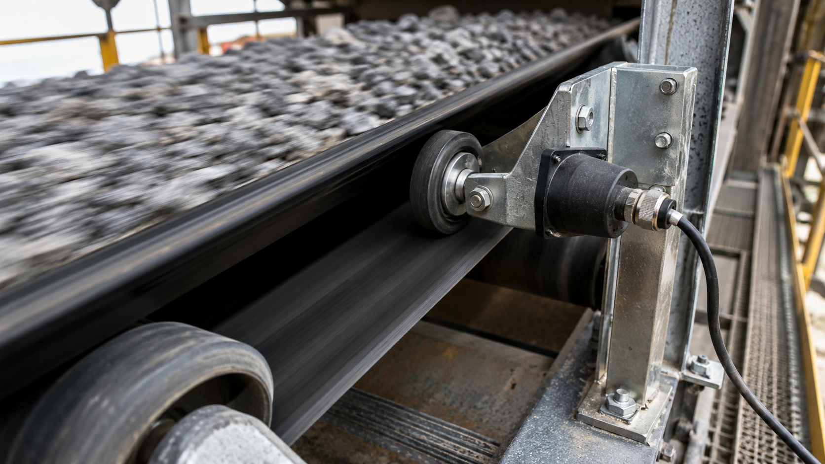 Belt scale speed sensor measuring conveyor belt travel during troubleshooting