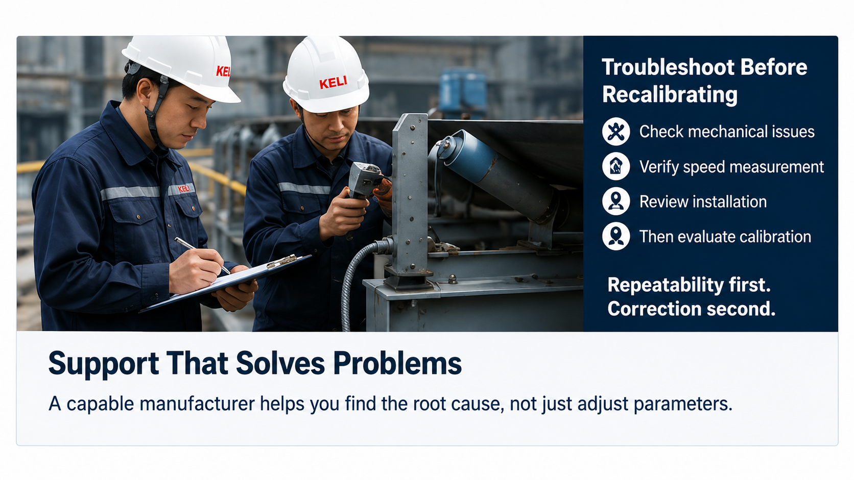 Technicians troubleshooting a conveyor belt scale before recalibration by checking mechanical and speed measurement conditions